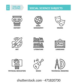 Flat symbols about school. Social science subjects. Thin line icons set.