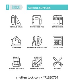 Flat symbols about school supplies. Thin line icons set.