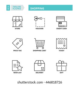 Flat symbols about shopping. Thin line icons set.