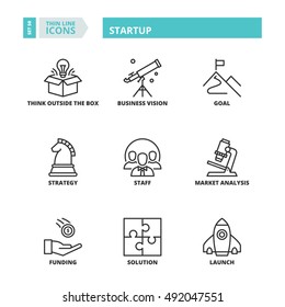 Flat symbols about startup. Thin line icons set.