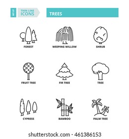 Flat symbols about trees. Thin line icons set.