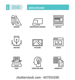 Flat symbols about web design. Thin line icons set.