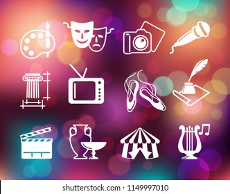 Flat symbols of culture, arts and entertainment on the Colorful background with defocused lights