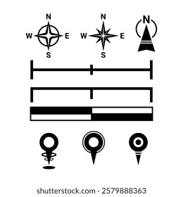 Flat symbols for map. Black north compass and scales and location points