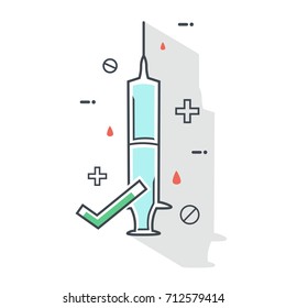 A flat syringe icon and a green tick mark of approval. Vaccination against the disease epidemic.