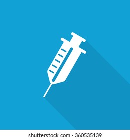 Flat Syringe icon with long shadow on blue backround