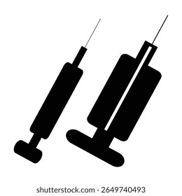 Ícones de seringa plana em preto representando equipamentos médicos para saúde ecológica, consciência da vacina ou conjuntos mínimos de design de saúde.