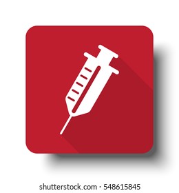 Flat Syringe web icon on red button with drop shadow