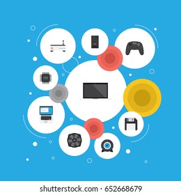 Flat System Unit, Microprocessor, Diskette And Other Vector Elements. Set Of PC Flat Symbols Also Includes Motherboard, Laptop, Fan Objects.