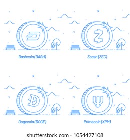 Flat sytle of cryptocurrency coins like Dashcoin, Zcash, Dogecoin, and Primecoin.
