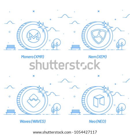 Flat sytle of cryptocurrency coins like Monero, Nem, Waves, and Neo.