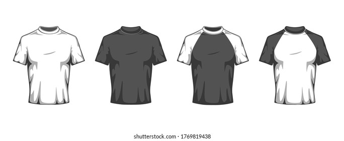 Flat T shirt mockup. Blank white and black t-shirt variants template, advertising casual sport clothes, unisex sport merchandise vector set. Illustration tshirt textile fabric, template blank uniform