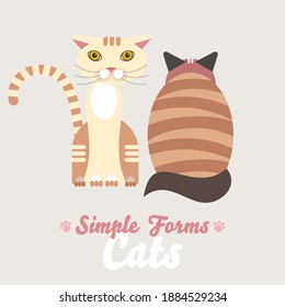 Flat tabby cats sitting back and front view isolated vector. Cartoon illustration domestic yellow and red black cats logo icon. Art symbol adorable pets. Sign flat style portrait cute cats