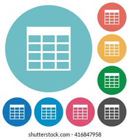 Flat table icon set on round color background.