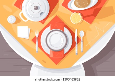Flat table setting with plate, food, cutlery, teapot and tablecloth. Concept cafe or home prepare for dinner, service culture. Vector illustration.