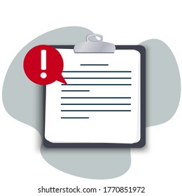 Flat tablet with a clip, important information is written on a paper document, pay attention, alert with an exclamation mark, a reminder not to forget. Vector illustration on a white background.