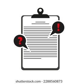 Flat tablet with a clip, important information is written on a paper document, pay attention, alert with an exclamation mark, a reminder not to forget. Vector illustration.