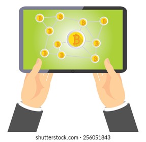 FLAT TABLET HELD IN HANDS WITH BITCOIN INFOGRAPHIC