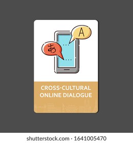 Flat tablet icon with language translation symbol, speech bubbles with English and Japanese letters on smartphone screen, online chat or interpreter service - isolated vector illustration