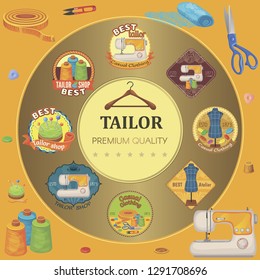 Flat tailor tools round concept with colorful tailoring emblems sewing machine scissors fabric buttons hanger thimble thread clipper and bobbins vector illustration