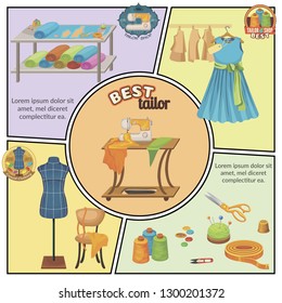 Flat tailoring colorful composition with dress sewing machine scissors measuring tape thimble thread spools dummy fabric buttons vector illustration
