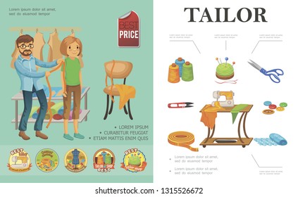 Flat tailoring colorful composition with tailor takes measurement from client spools of thread scissors fabric clipper buttons sewing machine labels vector illustration
