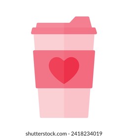 Flat Takeaway Pink Paper Cup of Coffee, Tea, Hot Chocolate Illustration with love heart icon for Valentines Day Drink and Beverage clipart isolated on white background