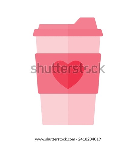 Flat Takeaway Pink Paper Cup of Coffee, Tea, Hot Chocolate Illustration with love heart icon for Valentines Day Drink and Beverage clipart isolated on white background