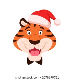 Flat talking smiling tiger face in Santa hat isolated on white background. Cute adorable cartoon wild cat muzzle. Chinese symbol of New Year 2022. Holiday orange striped character vector illustration.