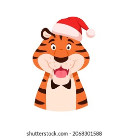 Flat talking smiling tiger in Santa hat portrait isolated on white background. Cute adorable cartoon wild cat. Chinese symbol of New Year 2022. Holiday orange striped character vector illustration.