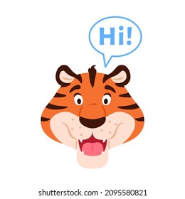 Flat talking smiling tiger say Hi face isolated on white background. Cute adorable cartoon greeting wild cat head. Orange striped greeting carnivore predator animal character vector illustration.