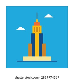 Flat of a tall skyscraper building with clouds on a solid bright blue square background