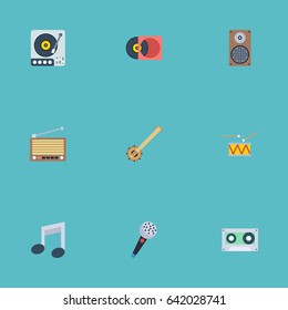 Flat Tambourine, Turntable, Karaoke And Other Vector Elements. Set Of Music Flat Symbols Also Includes Studio, Audio, Music Objects.