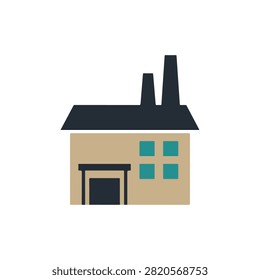 Flat tan industrial building with two chimneys. Simple flat illustration of a tan warehouse or factory building with two dark chimneys and teal windows. Ideal for logistical icons and corporate branding.