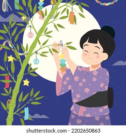 Flat Tanabata Illustration With Woman Hanging Decorations Bamboo Vector Illustration.