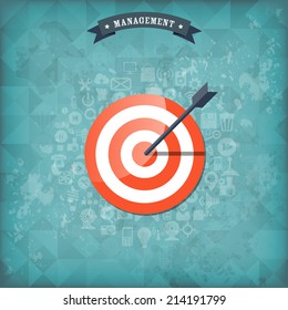 Flat target with web application icons. Management concept background. Teamwork and business aims. Old vintage background.