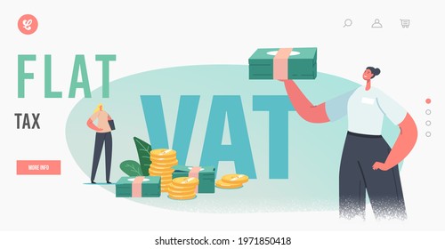 Flat Tax, Vat Return Landing Page Template. Female Character Get Refund for Foreign Shopping. Tax Free Service, People Save Budget, Get Money for Purchasing Goods Abroad. Cartoon Vector Illustration