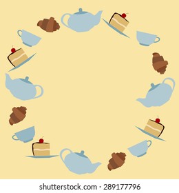 Flat tea frame. A teapot, a cup of tea, a piece of cake and a croissant. A coffee pot and a cup of coffee.