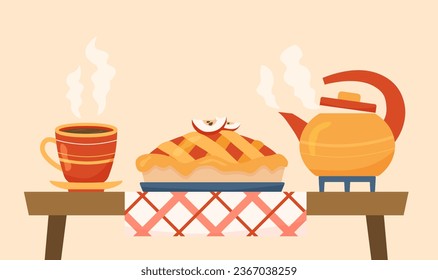 Flat tea party concept with apple pie on checkered tablecloth. Vector illustration of tea time with hot cup and teapot. Cartoon image on textured background with tasty bakery for advertising or banner