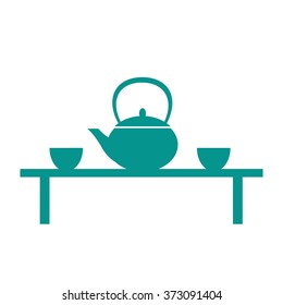 Flat tea table icon: kettle and tea cups