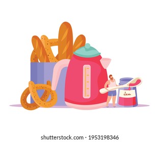 Flat tea time composition with kettle pastry jar of jam and tiny man character vector illustration