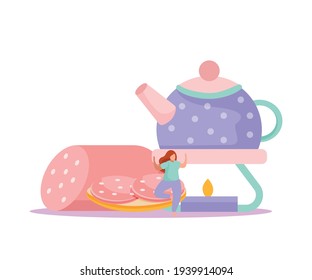 Flat tea time composition with sausage sandwich and tiny character vector illustration