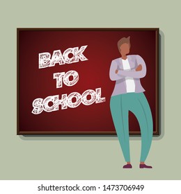Flat Teacher back school chalkboard, great design for any purposes. Banner background. Vector isolated illustration. Space doodle illustration. Chalkboard texture. Education, knowledge concept.