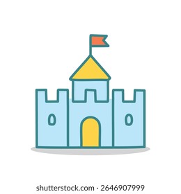 Ícone de vetor de castelo azul escuro com uma porta e uma bandeira azuis. Perfeito para aplicativos infantis, temas de contos de fadas, interface de usuário de jogos ou projetos educacionais. Limpo, colorido e escalável.