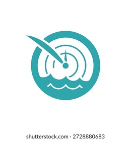 Ein kreisförmiges Flachteal-Symbol, das einen Radarscanner über Wasserwellen zeigt, die die Navigation oder das Sonar darstellen.