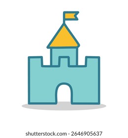 Ícone de castelo plano de cor azul-azulada com bandeira em formato vetorial. Ideal para a interface de usuário de aplicativos infantis, designs de contos de fadas, gráficos de jogos ou marca divertida. Editável e escalável.