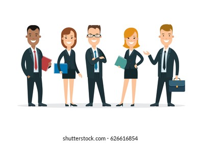 Flat Team of happy young man and woman vector illustration. Successful Business Teamwork concept.