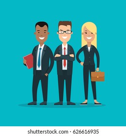 Flat Team of happy young man and woman vector illustration. Successful Business Teamwork concept.