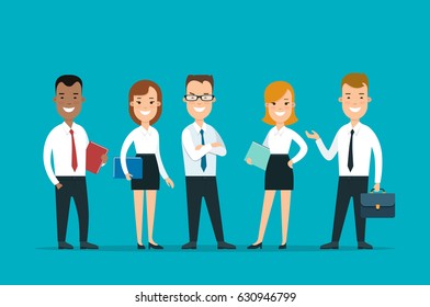 Flat Team of happy young man and woman vector illustration. Successful Business Teamwork concept.