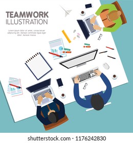 Flat Team in meeting room at the table with laptops happy young man and woman vector characters illustration. Successful Business Teamwork concept.